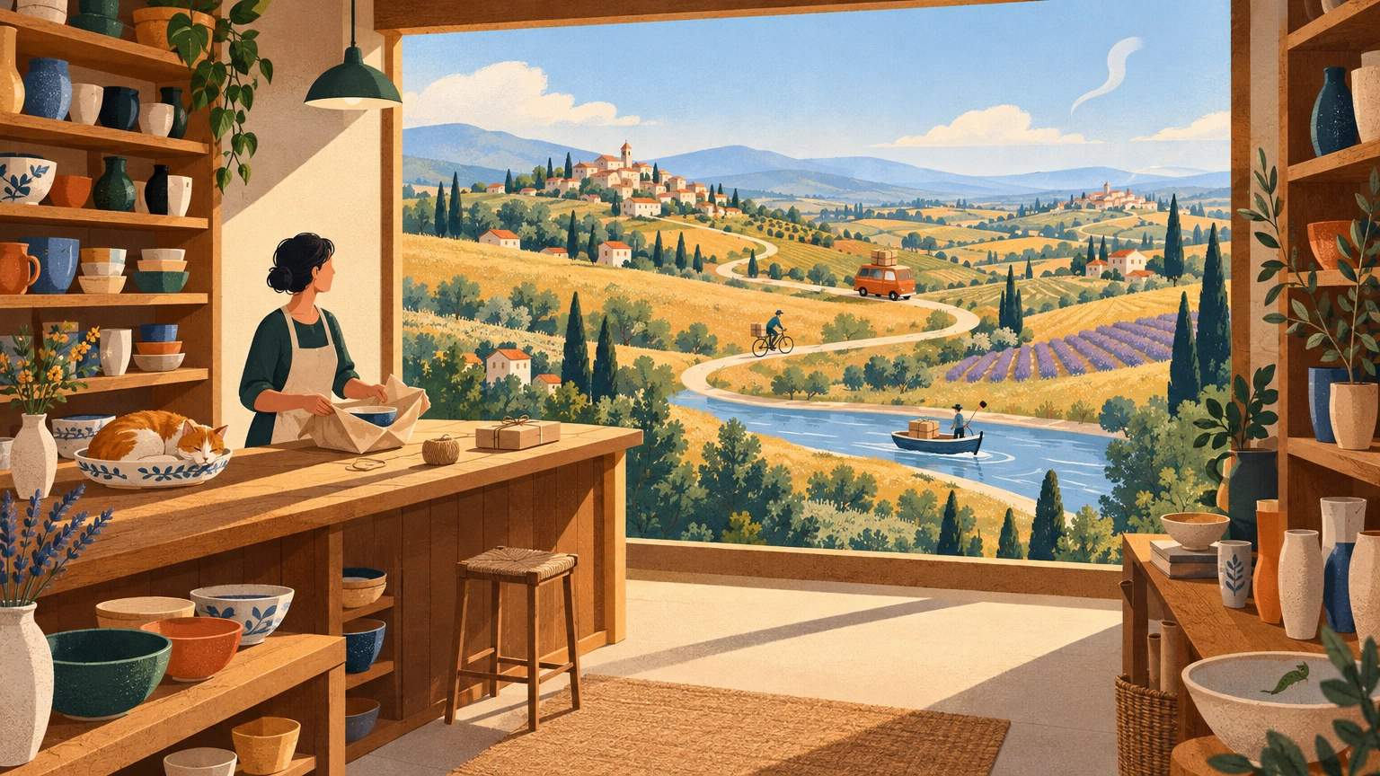 Illustration : une petite boutique de céramique dont la vitrine s'ouvre sur un paysage provençal, où des colis voyagent à vélo, en camionnette et en barque vers des villages lointains.