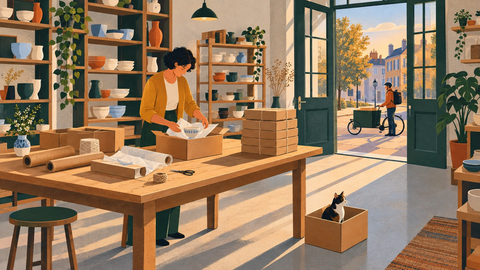 Illustration : en fin de journée, une gérante prépare des colis sur une grande table d'atelier, entourée d'étagères de céramiques, pendant qu'un livreur à vélo cargo attend devant la porte ouverte et qu'un chat s'est installé dans un carton vide.