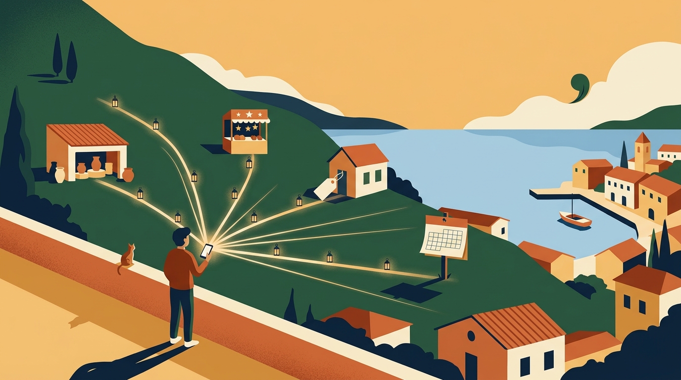 Illustration : une personne sur une terrasse au-dessus d'un port tient son téléphone, d'où partent plusieurs chemins lumineux vers un atelier de poterie, un étal, une maison avec une étiquette de prix, un calendrier et un bateau.