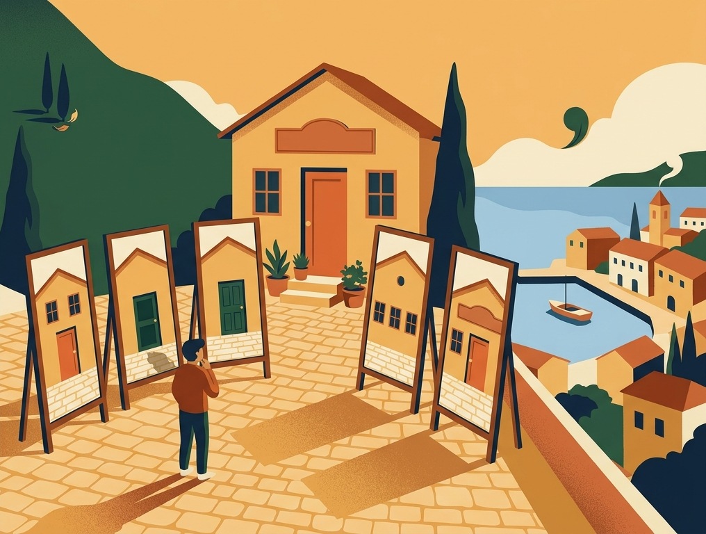 Illustration : devant un petit bâtiment ocre, une personne observe cinq grands miroirs qui reflètent chacun le même bâtiment avec de petites différences de porte, de fenêtres et d'enseigne.