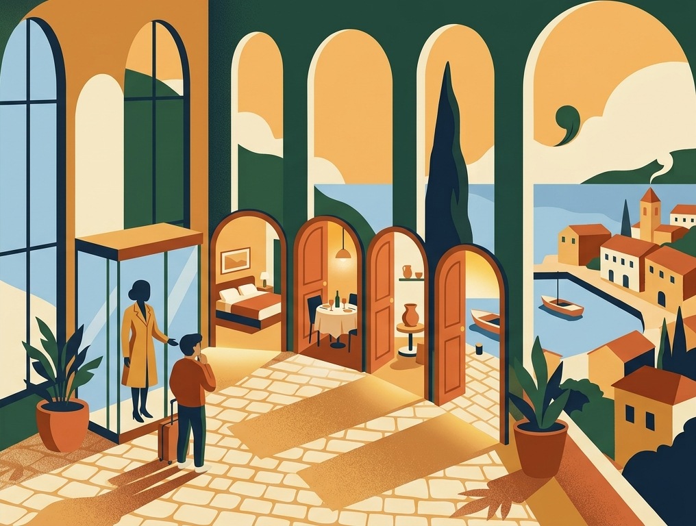 Illustration : un voyageur avec une valise s'adresse à un concierge, silhouette dans une cabine vitrée, derrière lequel quatre portes ouvertes donnent sur une chambre, une table de restaurant, un atelier de poterie et un bateau.