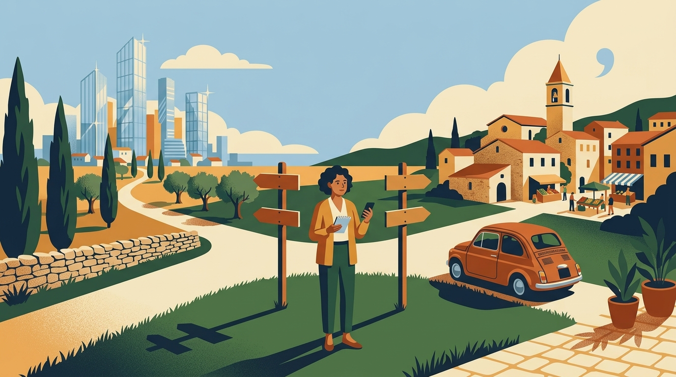 Illustration : une gérante, téléphone et carnet en main, hésite à un carrefour entre deux panneaux, l'un vers une ville de tours de verre, l'autre vers un village traditionnel.