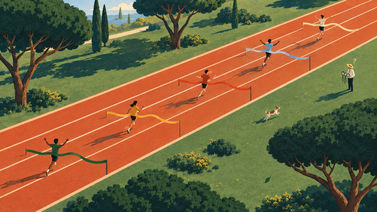 Illustration : plusieurs coureurs stylisés sur une piste d'athlétisme où chaque couloir a sa propre ligne d'arrivée, placée à des distances différentes.
