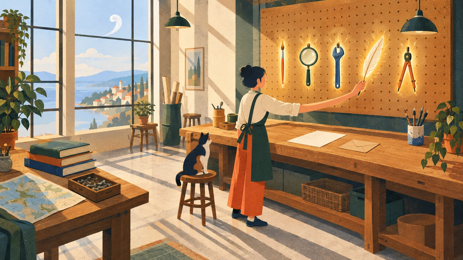 Illustration : un établi d'atelier où sont rangés plusieurs outils lumineux de formes différentes ; une artisane en choisit un en fonction de l'objet posé devant elle.