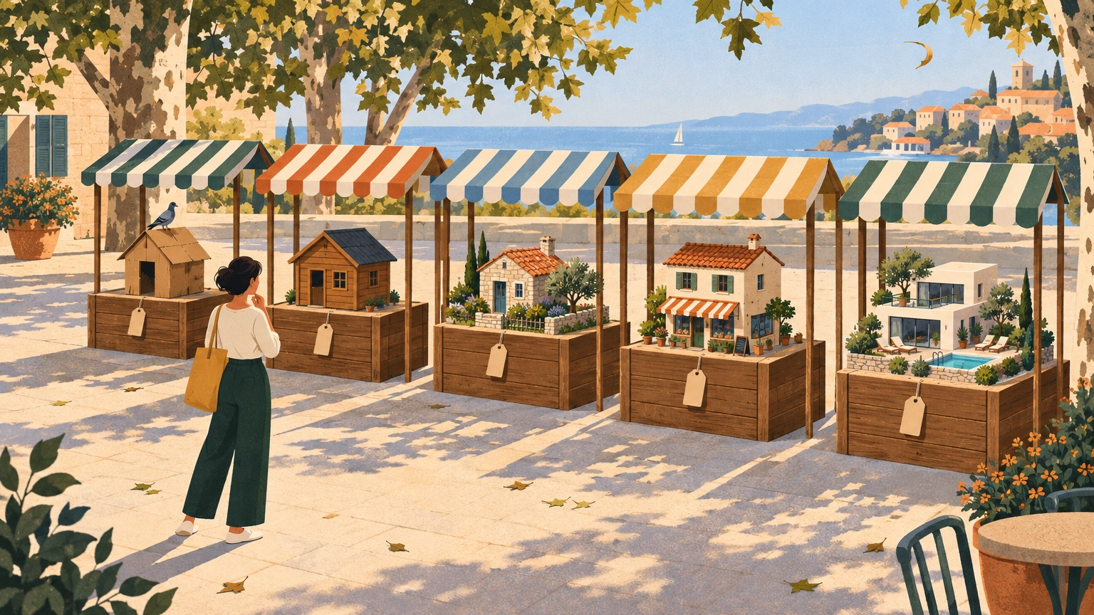 Illustration : un marché en plein air où chaque étal vend une maison miniature, de la cabane en carton à la villa d'architecte, sous le regard d'une cliente qui compare.
