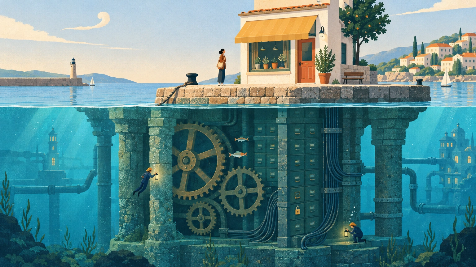 Illustration : une petite façade de boutique posée sur un quai, très soignée, sous laquelle on devine dans l'eau claire de vastes fondations, des câbles, des rouages et des archives.