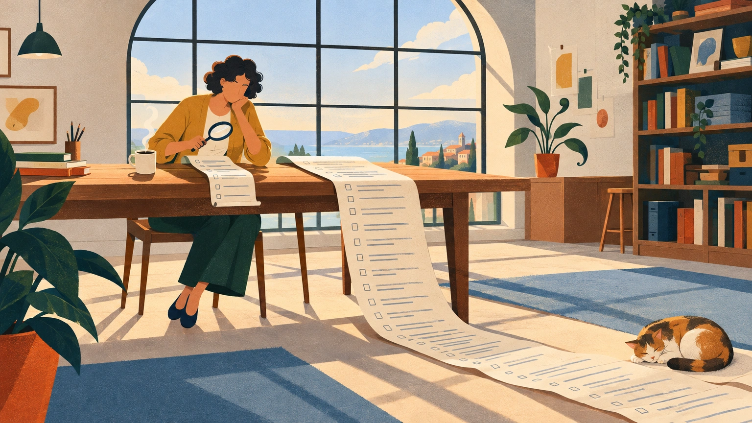 Illustration : une gérante assise à une grande table en bois près d'une fenêtre compare deux longs rouleaux de papier de longueurs très différentes, une loupe à la main.
