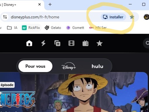 Bouton d'installation d'une Progressive Web App proposé par Disney+ dans le navigateur