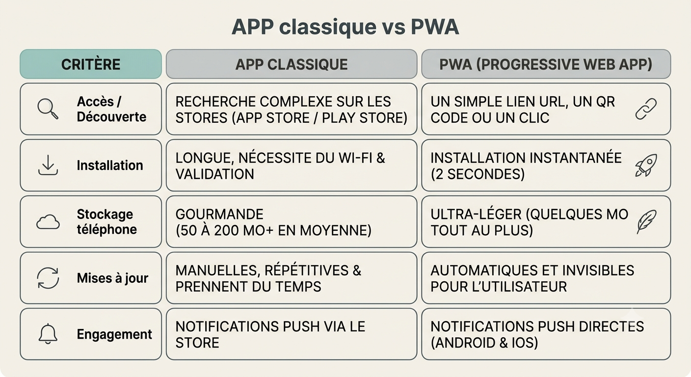 Tableau comparatif des avantages d'une PWA par rapport à une application classique, du point de vue de l'utilisateur