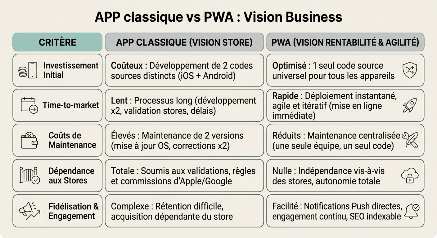 Tableau comparatif des coûts, délais et facilité de mise à jour entre une PWA et une application classique, du point de vue de l'entreprise
