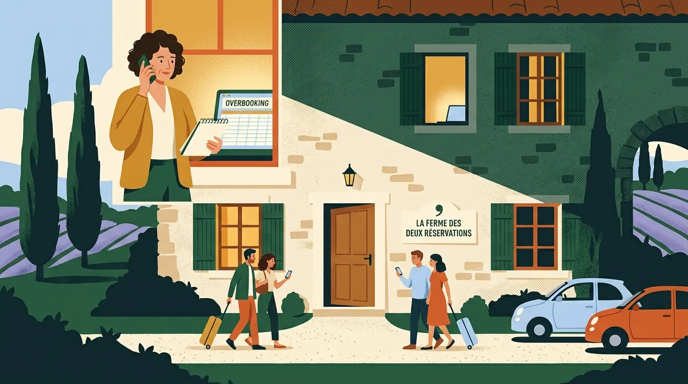 Illustration : deux couples arrivent en même temps devant la porte d'un gîte, tandis que la gérante, à l'étage, constate la double réservation.