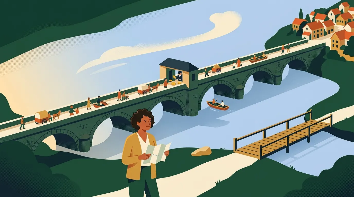 Illustration : des voyageurs paient un péage pour traverser un pont, tandis que la gérante observe sa propre passerelle, gratuite.