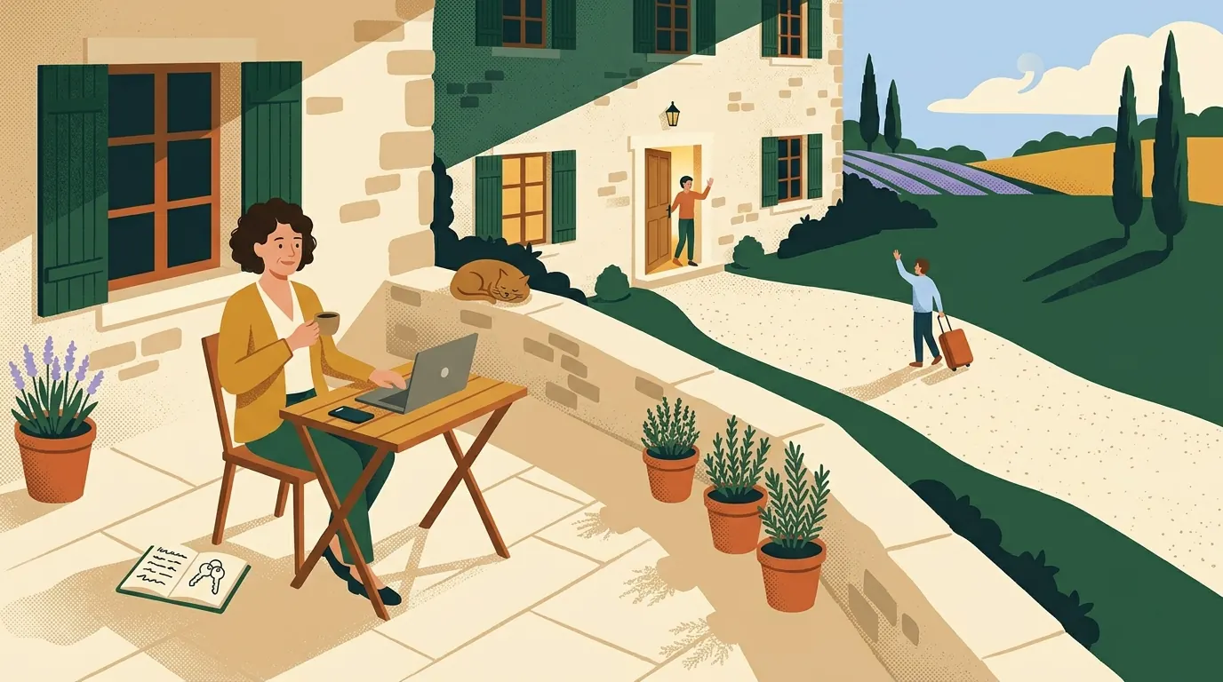 Illustration : la gérante prend un café sur sa terrasse, sereine, pendant qu'un voyageur arrive.
