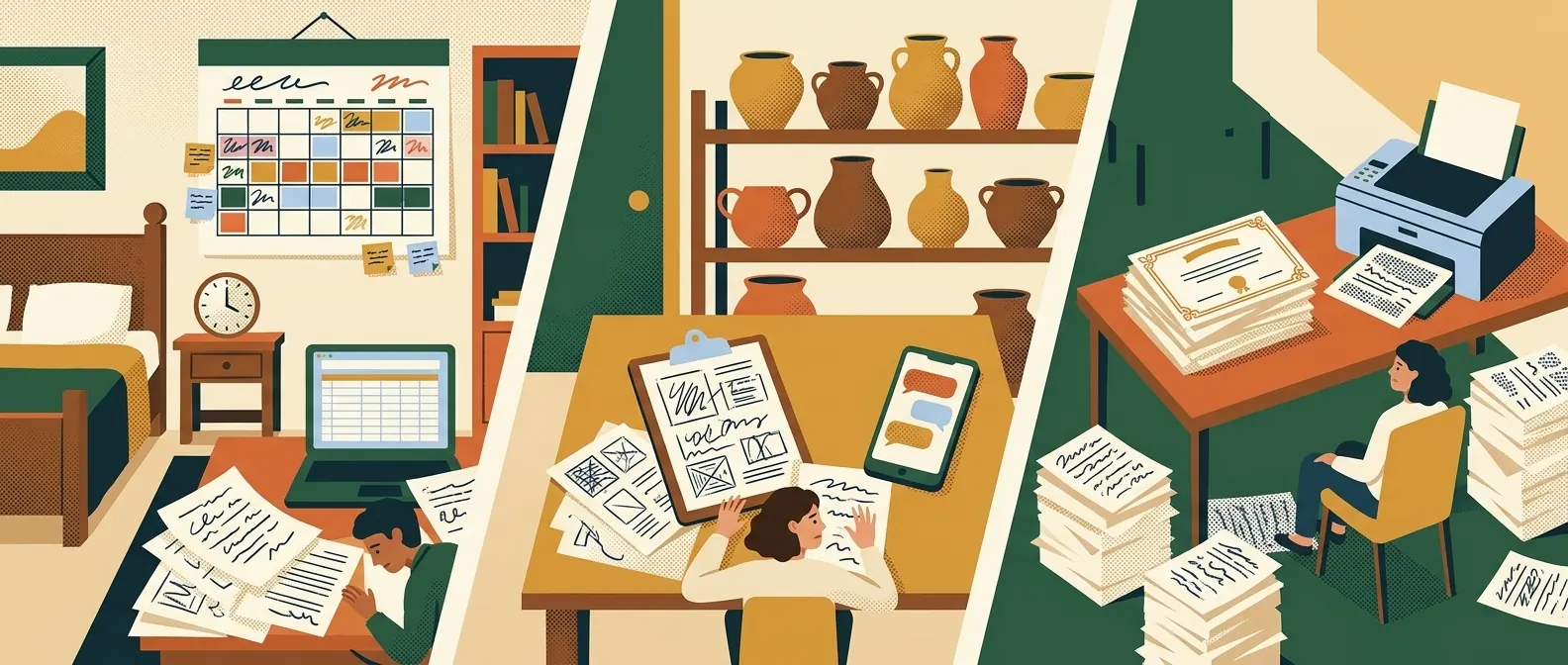 Trois vignettes : un gîte, un atelier de poterie et un organisme de formation, chacun avec sa gestion à la main.