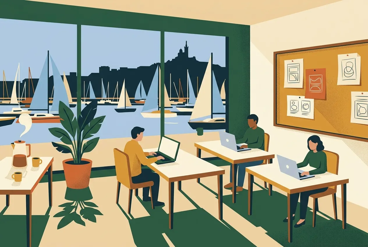 Illustration : l'équipe de Virgule Studio au travail dans un atelier lumineux face au port de Marseille.