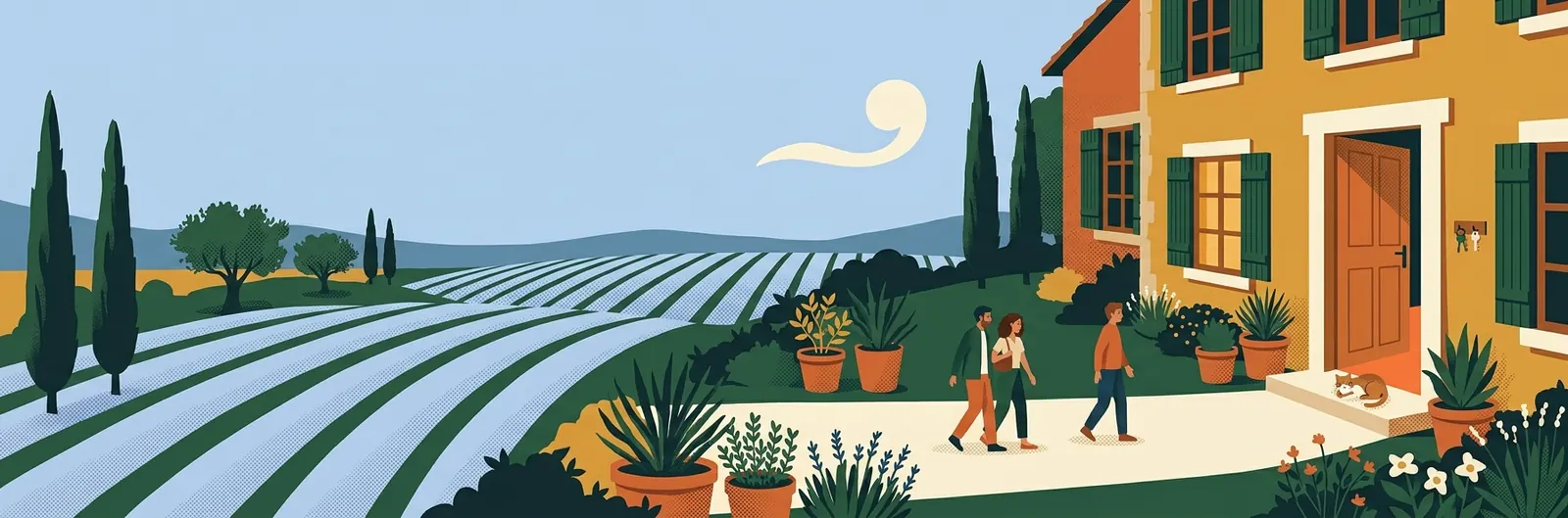 Illustration : une porte ouverte au bout d'une allée, des visiteurs qui arrivent.