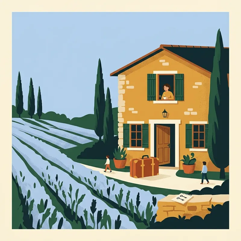 Illustration d'un gîte en pierre au bord d'un champ de lavande.
