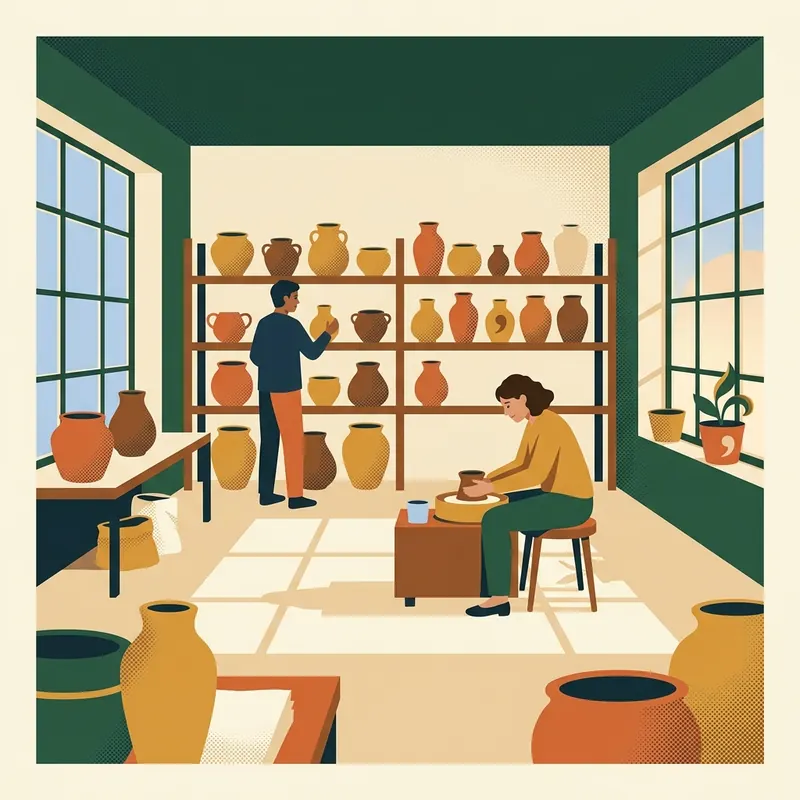 Illustration d'un atelier de poterie, avec un tour et des étagères de vases.