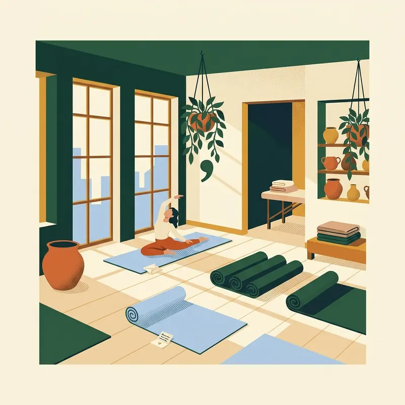 Illustration d'un studio de yoga lumineux, avec des tapis et une plante suspendue.