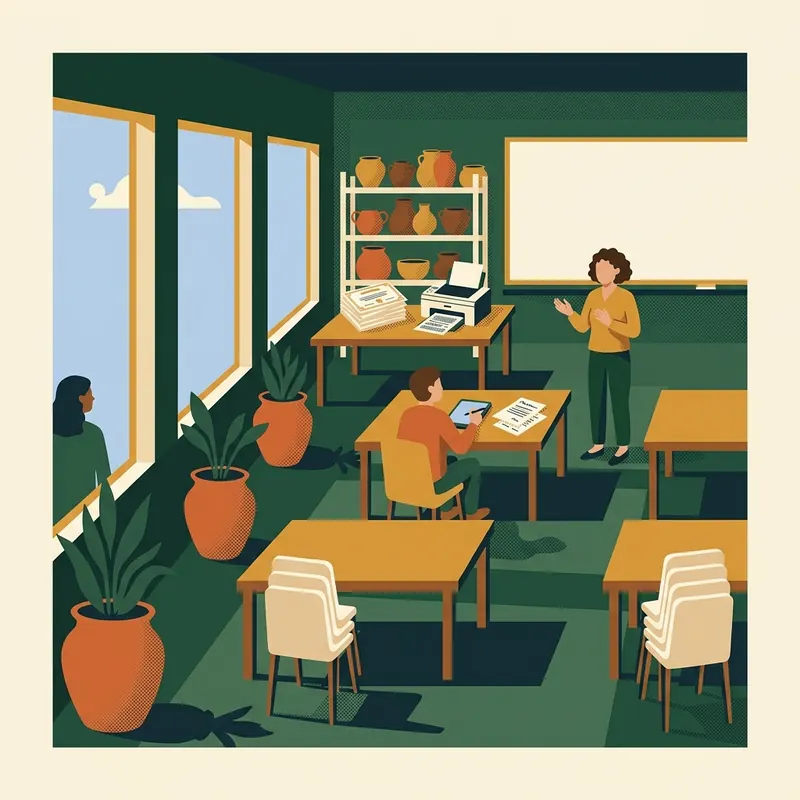 Illustration d'une salle de formation, avec des tables, un tableau et une imprimante.