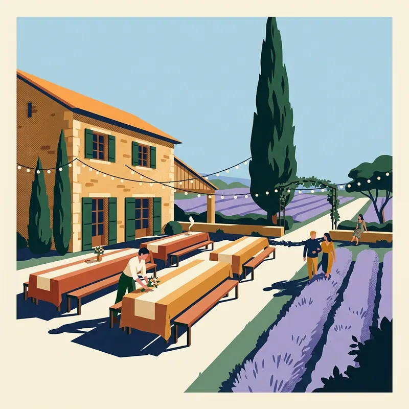 Illustration d'un lieu de réception à la campagne, avec de longues tables et des guirlandes lumineuses.