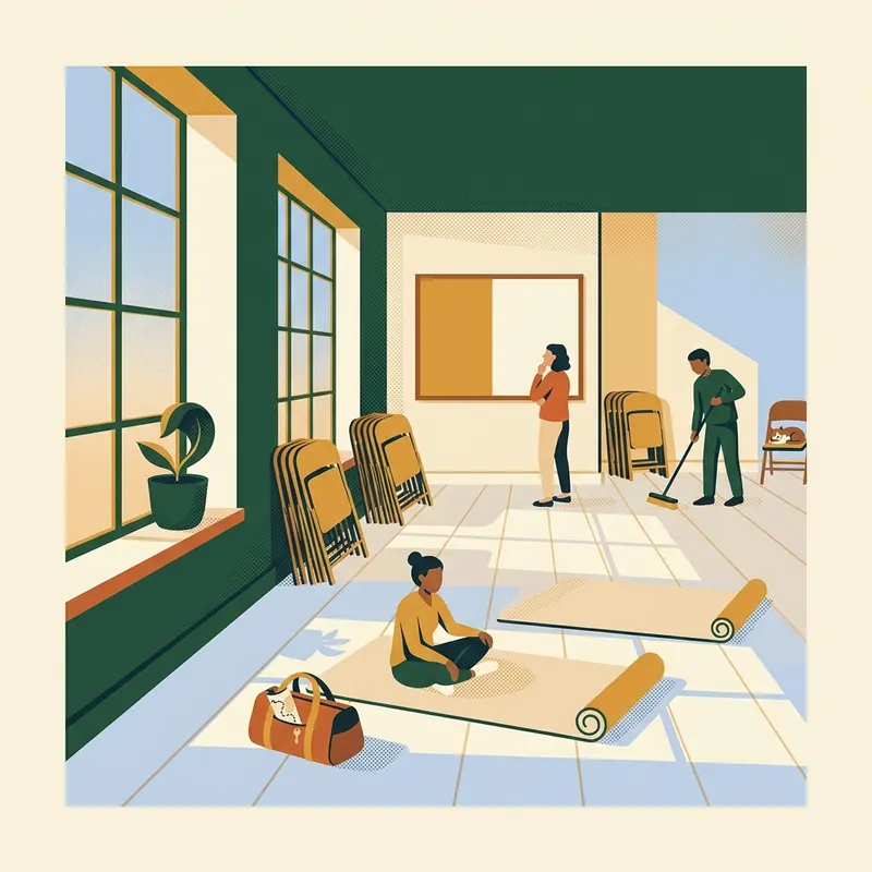 Illustration d'une salle associative, avec des chaises pliantes et des tapis de sport.