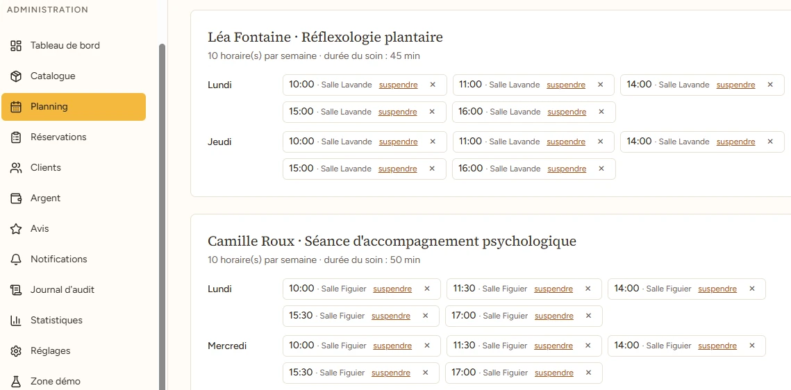 Capture de la démo Nour, côté gérant : le planning hebdomadaire des praticiens, salle par salle.