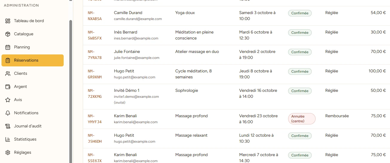 Capture de la vue gérant de la démo Nour : la liste des réservations avec leur référence, leur statut, leur règlement et leur montant.