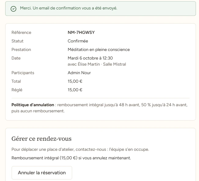 Capture de la démo Nour, côté client : la confirmation d'une réservation et sa politique d'annulation.