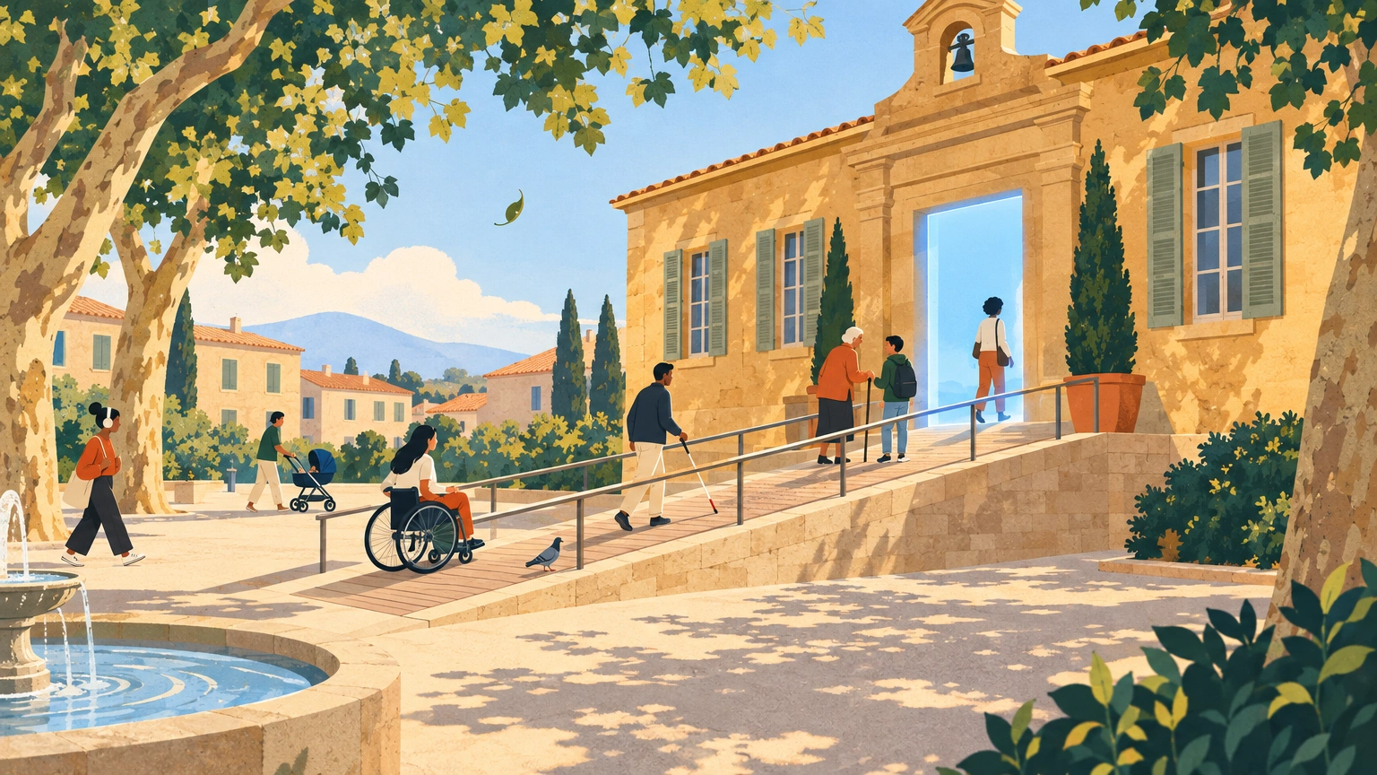 Illustration : un bâtiment public avec une rampe d'accès menant à une grande porte en forme d'écran, que franchissent une personne en fauteuil roulant, une personne avec une canne blanche, une personne âgée et un parent avec une poussette.
