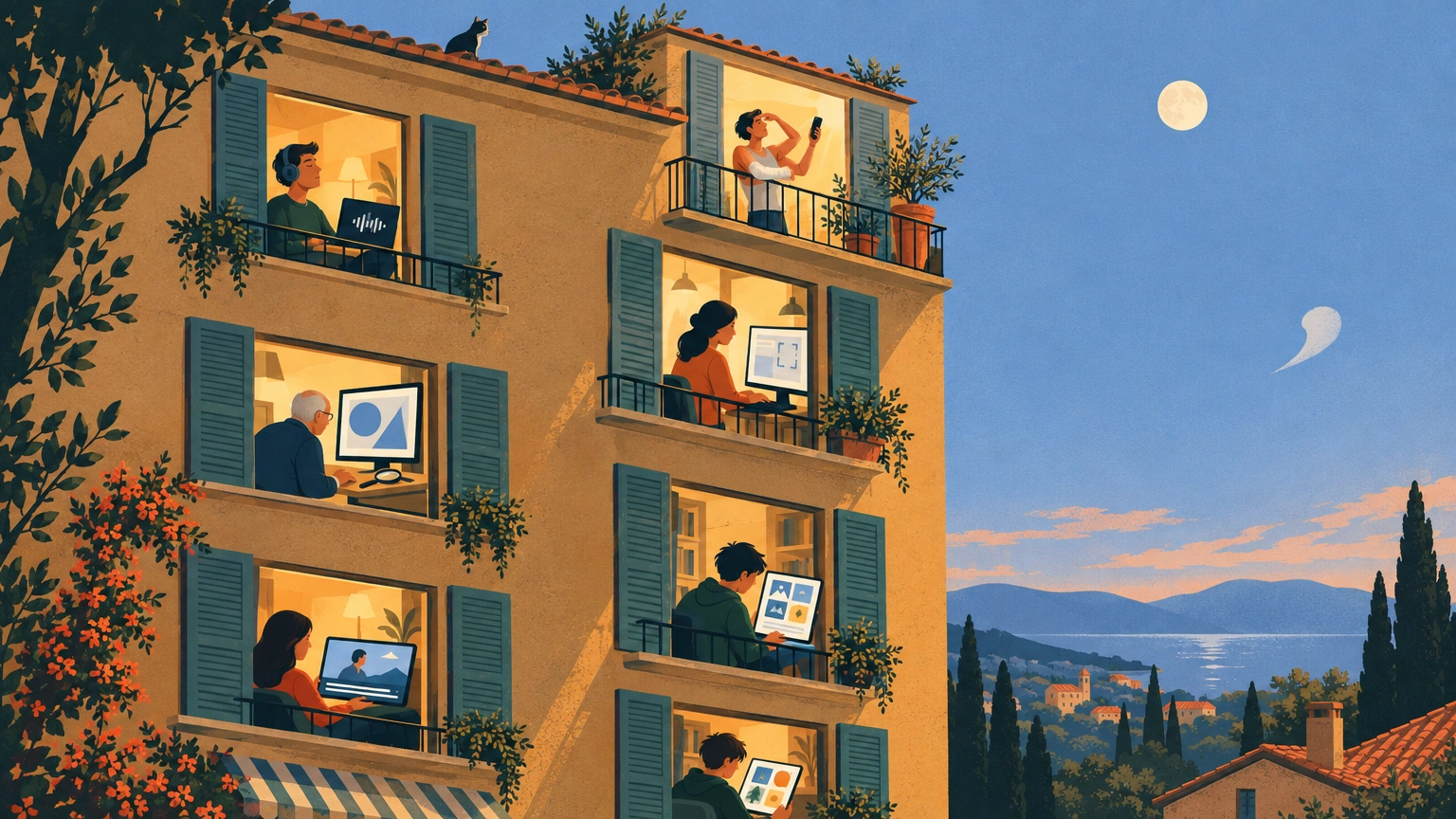 Illustration : six petites scènes dans les fenêtres d'un même immeuble, où six personnes consultent le même site de manières différentes : avec un casque et un lecteur d'écran, au clavier, avec une loupe, avec des sous-titres, avec un texte simplifié, et sur un téléphone en plein soleil sur un balcon.