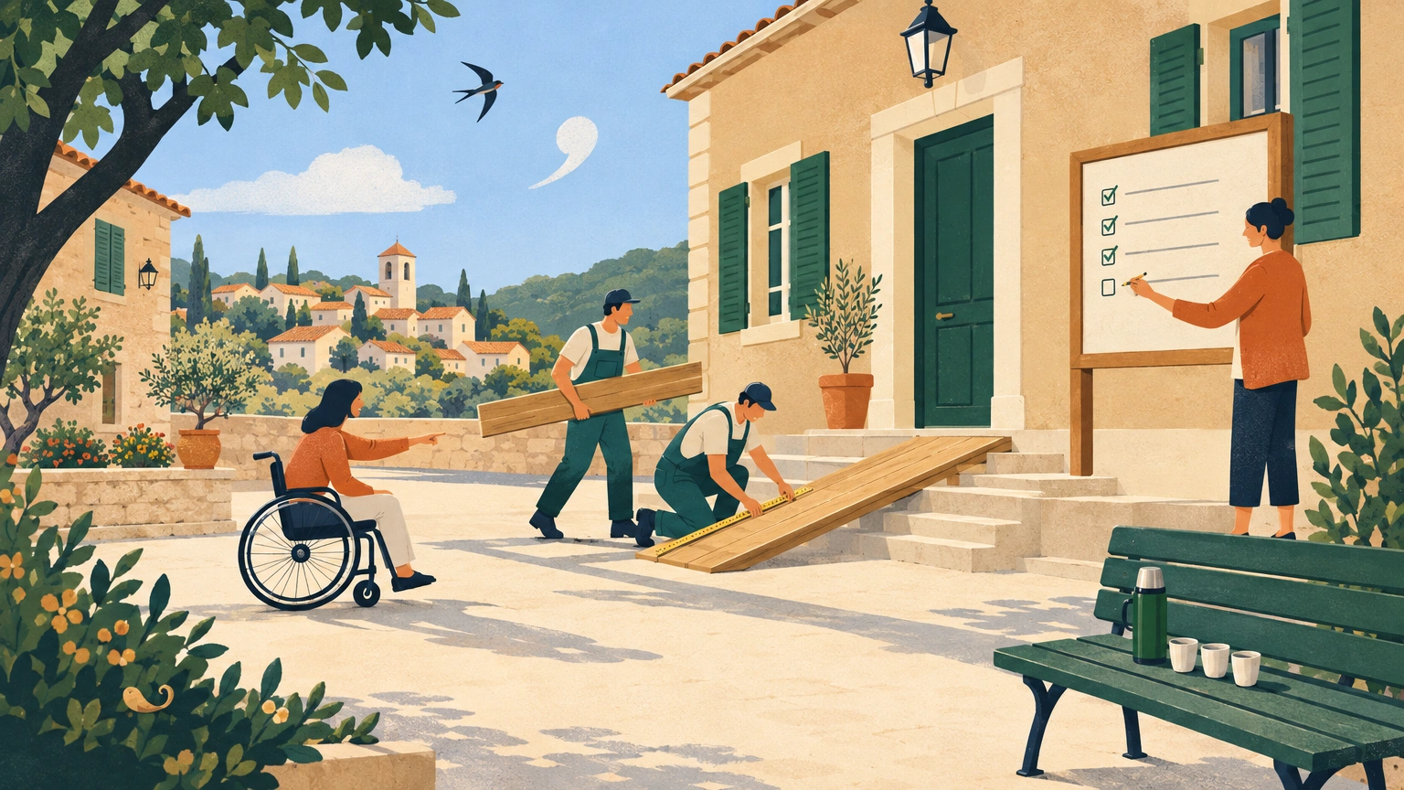 Illustration : devant une petite mairie de village, une équipe installe tranquillement une rampe d'accès en bois pendant qu'une employée coche une liste sur un panneau d'affichage.