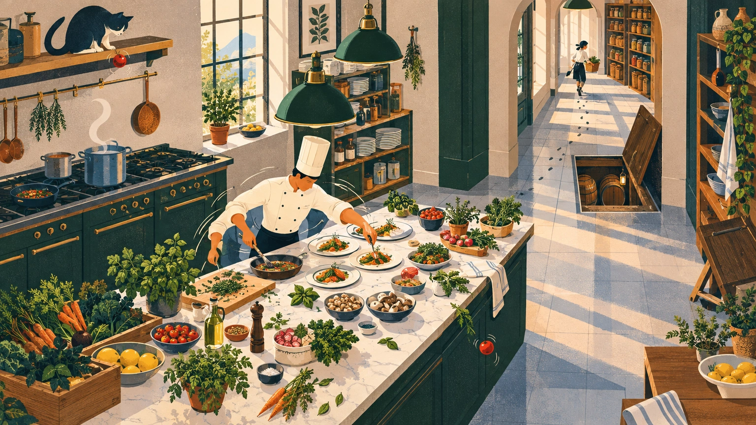 Illustration : dans une grande cuisine de restaurant, un cuisinier travaille vite sur un plan de travail encombré d'ingrédients, pendant qu'un commis fait des allers-retours vers un garde-manger lointain.