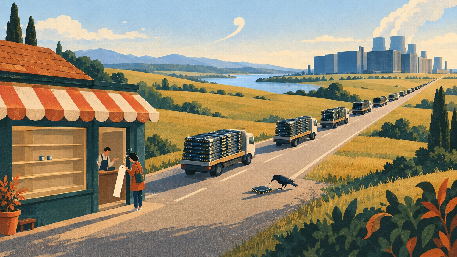 Illustration : un long convoi de camions chargés de puces de mémoire se dirige vers d'immenses bâtiments de centres de données, tandis qu'au premier plan un petit magasin d'informatique a des rayons presque vides.
