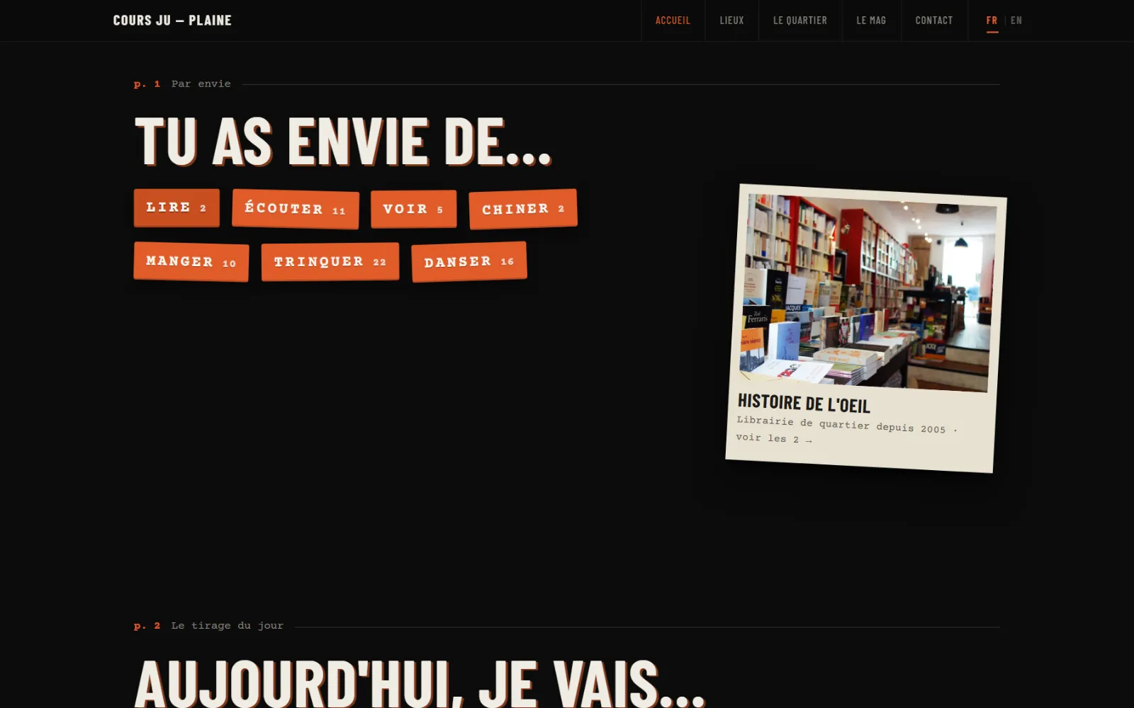Section « Tu as envie de… » avec sept étiquettes orange