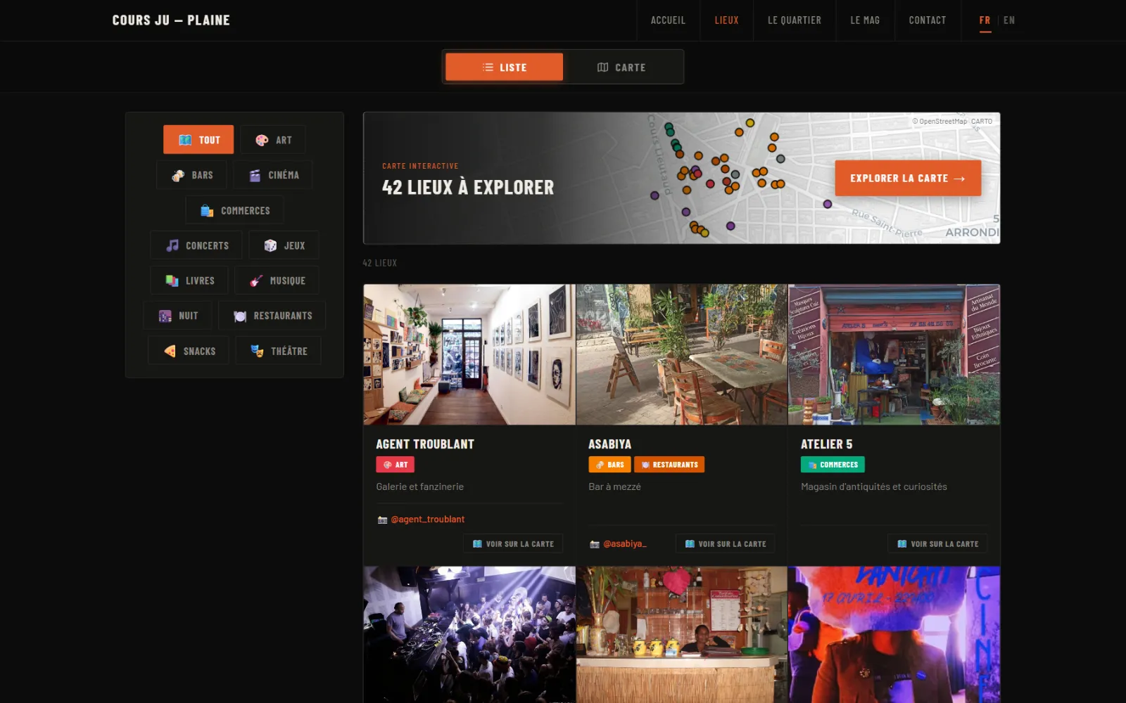 Page des lieux : filtres par catégorie et grille de fiches avec photos