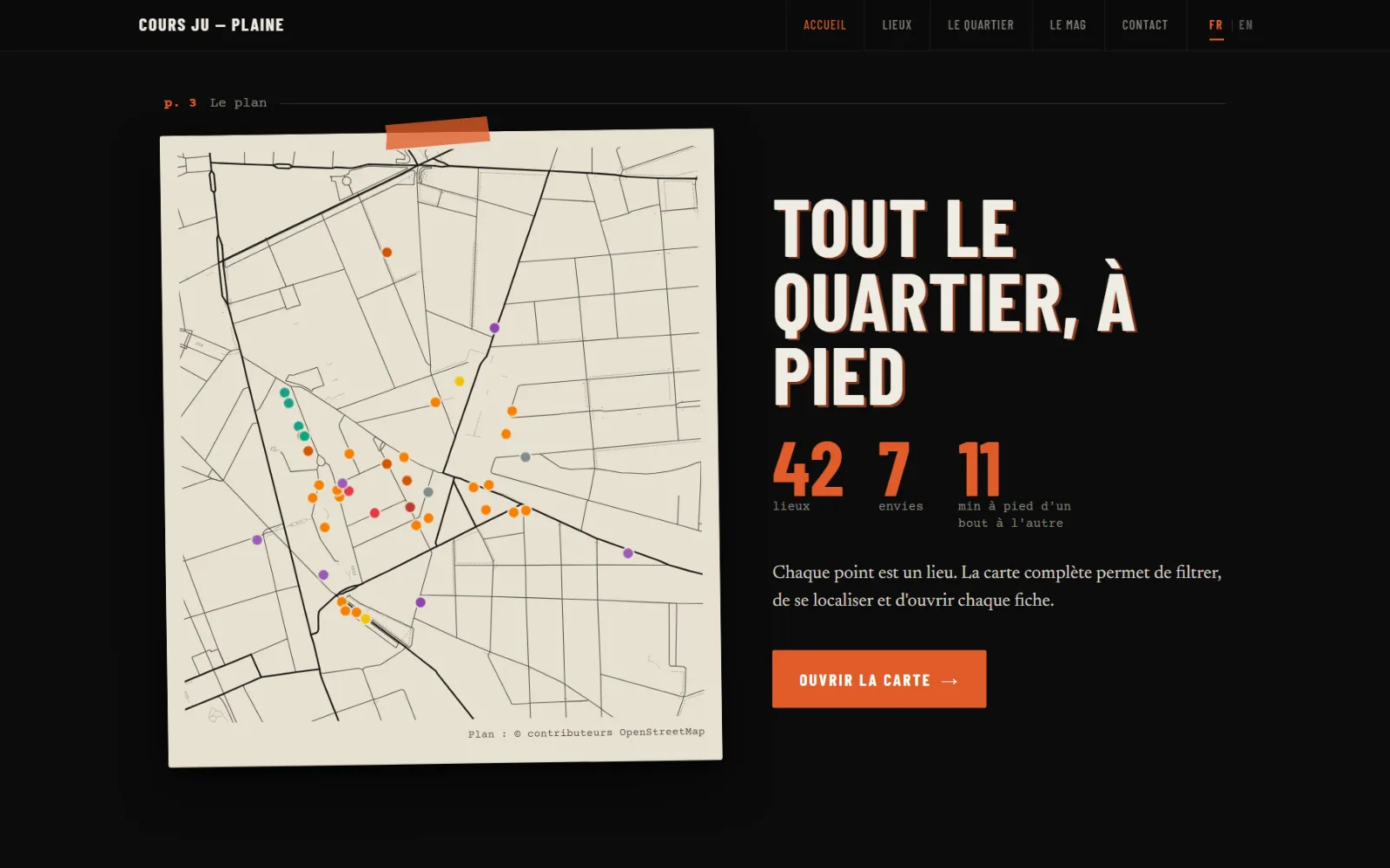 Le plan du quartier dessiné avec les lieux en points de couleur