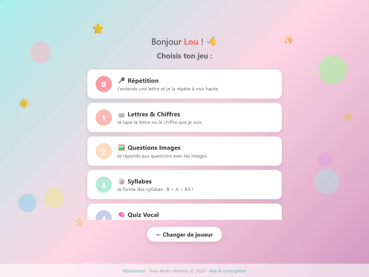 Écran « Choisis ton jeu » : répétition, lettres et chiffres, questions images, syllabes
