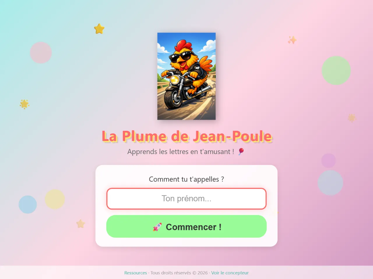 Accueil de La Plume de Jean-Poule : la mascotte à moto et le champ « Comment tu t'appelles ? »