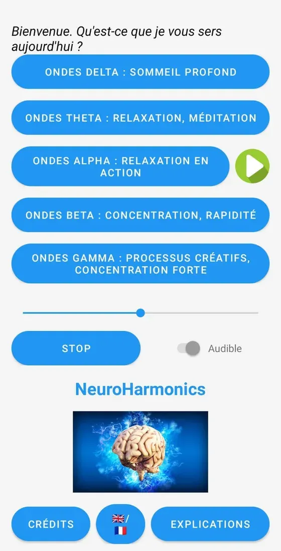 Écran principal de l'application Android : cinq boutons, un par bande d'ondes, un curseur de volume et un bouton Stop