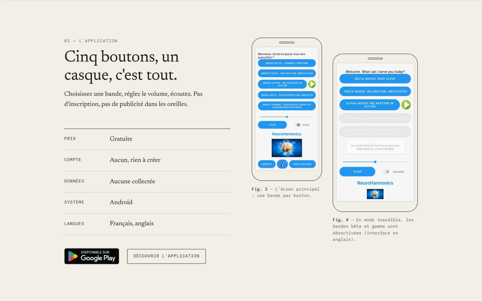 Section « L'application » : fiche technique (gratuite, sans compte, aucune donnée collectée, Android, français et anglais) et deux écrans de l'app