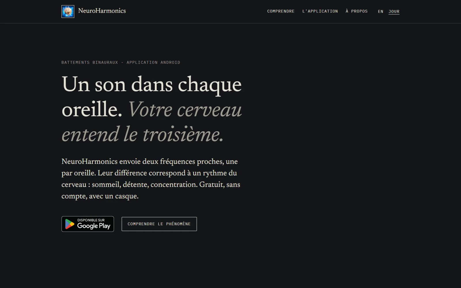 Accueil du site NeuroHarmonics en mode nuit : texte clair sur fond anthracite